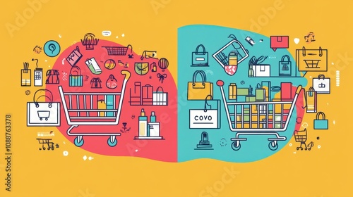 Shopping linear flat vector concept illustrations set. Online store, delivery of purchases to the buyer, discounts and coupons, sales, online store technical support around the world, product reviews photo