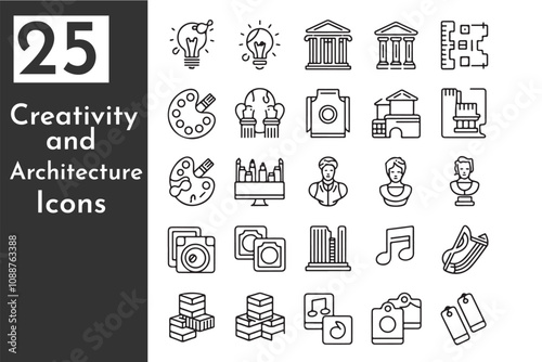 25 Minimalistic Line Icons: Creativity, Art, Music, Architecture & Museum Themes for Designers
