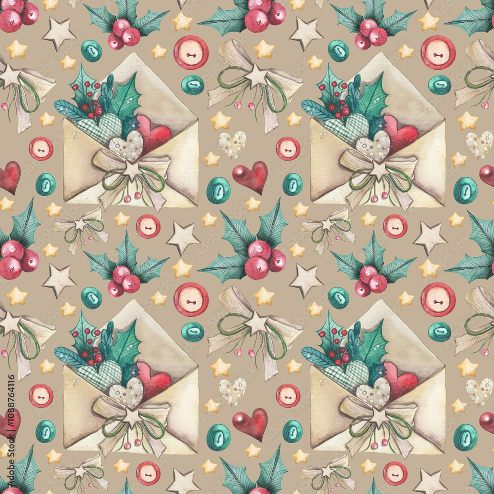 Christmas seamless hand-drawn pattern in New Year's style with cute illustrations of an envelope with hearts, berries, stars.Love envelope for Valentine's Day.Vintage watercolor seamless pattern Christmas seamless hand-drawn pattern in New Year's style with cute illustrations of an envelope with hearts, berries, stars.Love envelope for Valentine's Day.Vintage watercolor seamless pattern