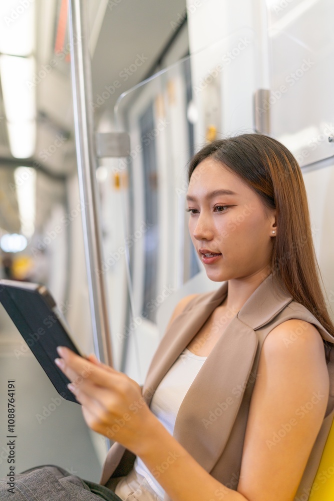 Asian Woman Using Tablet While Commuting To Work in a Public Train