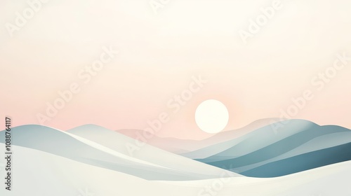 A serene landscape featuring soft, rolling hills and a large sun against a pastel sky.