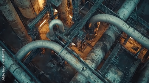 Aerial View of Industrial Pipes and Equipment in a Dark Factory Environment with Warm Lighting, Highlighting Complex Structures and Machinery Layout photo