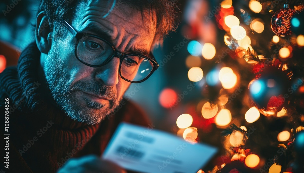 A man looks at a Christmas card, the warm glow of Christmas lights illuminating his face. A man looks at a Christmas card, the warm glow of Christmas lights illuminating his face.