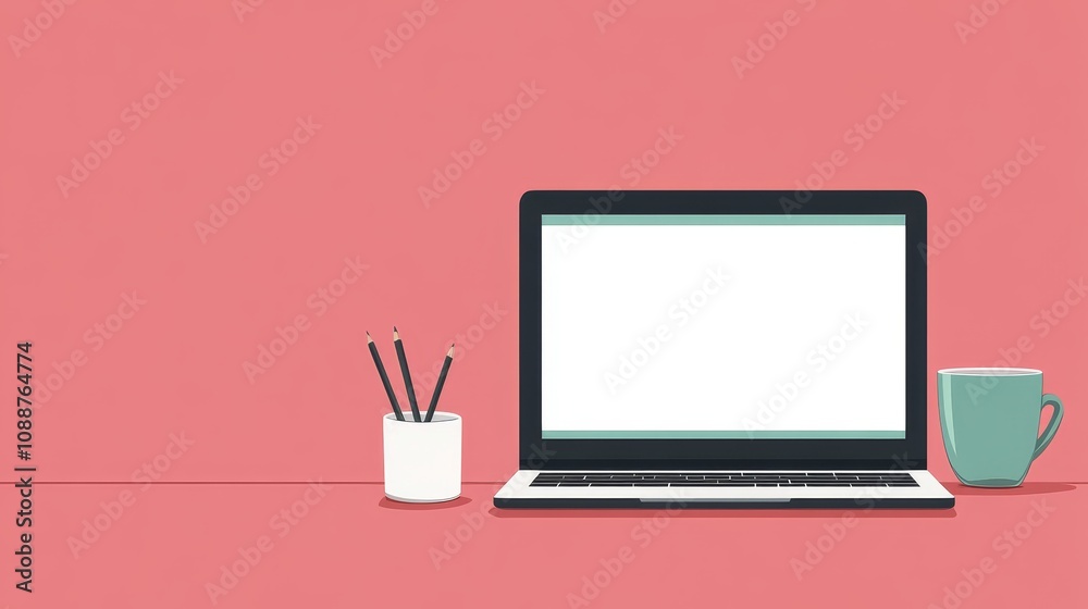 A minimalist workspace featuring a laptop, pencil holder, and a cup, set against a pink background. A minimalist workspace featuring a laptop, pencil holder, and a cup, set against a pink background.