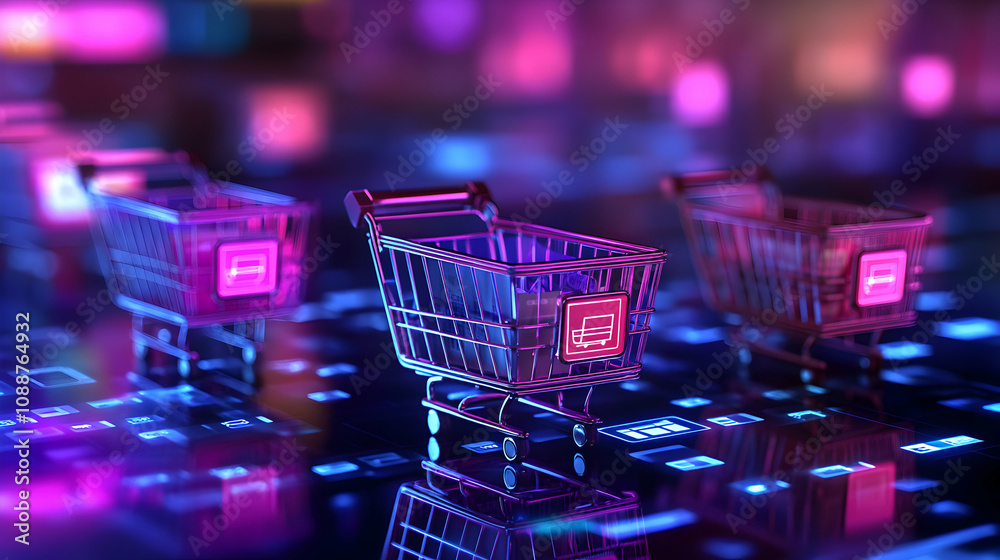 3D Render of Shopping Carts with Product Icons on a Neon-Lit Digital Interface, Illustrating Online Retail and E-commerce 3D Render of Shopping Carts with Product Icons on a Neon-Lit Digital Interface, Illustrating Online Retail and E-commerce