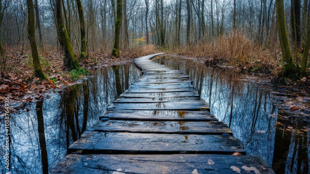 Fototapeta premium Wooden path through a swamp with trees reflected in water, quiet and mysterious, natural landscape with earthy tones, serene walkway