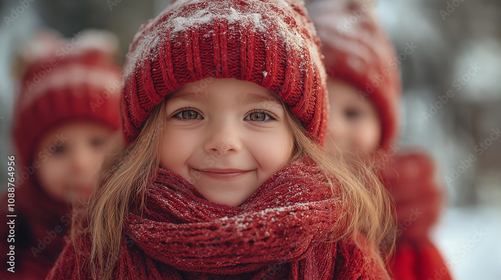 Smiling child in red winter attire with snowy background. Smiling child in red winter attire with snowy background.