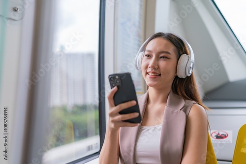 Asian Woman Using Phone and Headphones Listening To Music and Playing Games While Commuting To Work in a Public Train