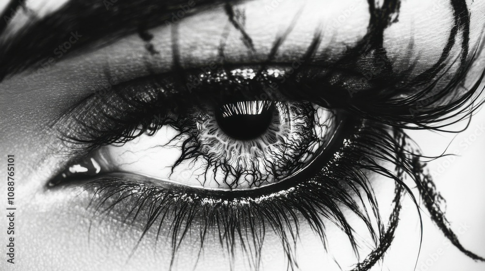 Fototapeta premium Close-up of a human eye with long lashes, monochrome detail, intense focus on the pupil and intricate patterns of the iris, emotional and mysterious mood