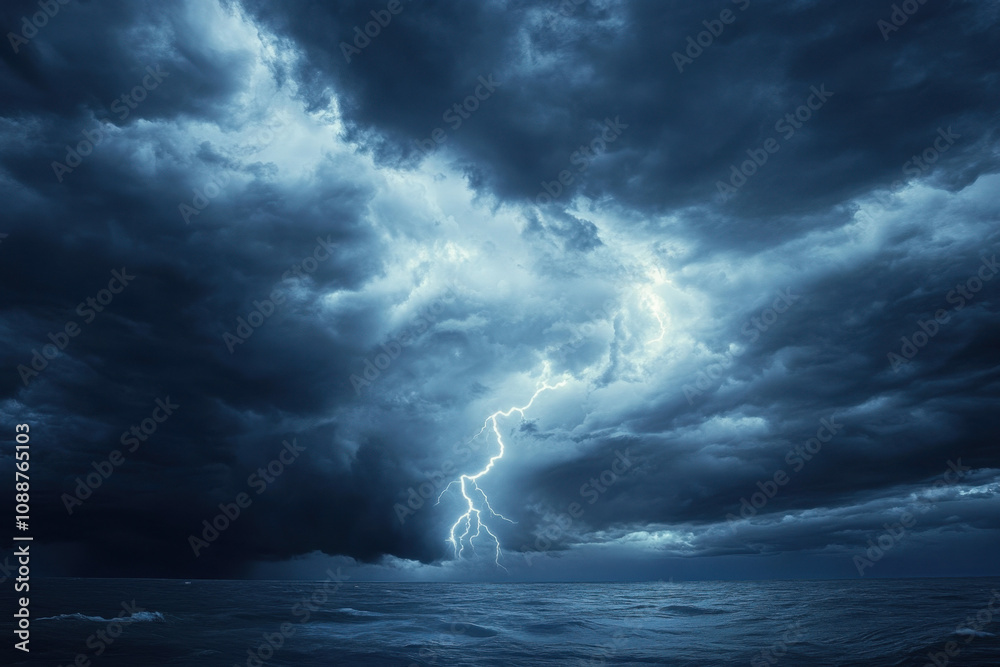 Obraz premium Dramatic view of powerful lightning striking over a turbulent ocean under dark, ominous storm clouds, capturing the intense energy of nature's fury.