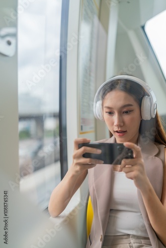 Asian Woman Using Phone and Headphones Listening To Music and Playing Games While Commuting To Work in a Public Train Free Download Asian Woman Using Phone and Headphones Listening To Music and Playing Games While Commuting To Work in a Public Train - GFXLoad