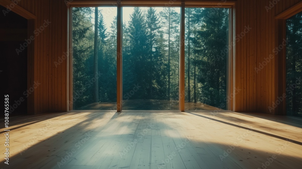 A serene interior space with large windows showcasing a forest view. A serene interior space with large windows showcasing a forest view.
