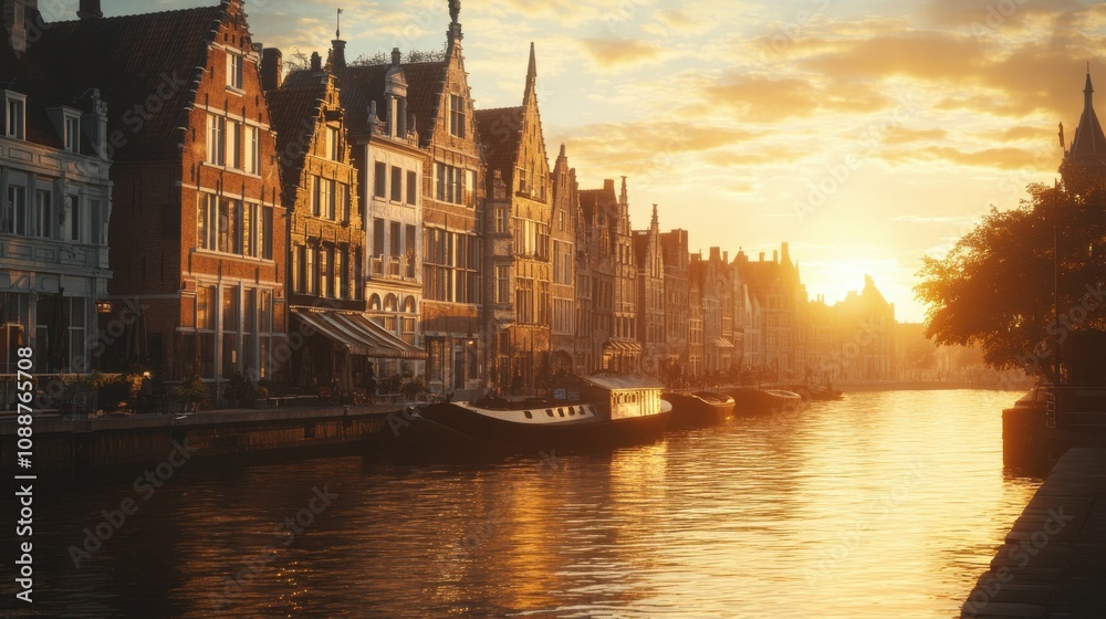 Fototapeta premium Panoramic view of a historic European city at sunset, warm golden tones, riverside buildings, old-world charm, scenic and romantic, peaceful urban landscape