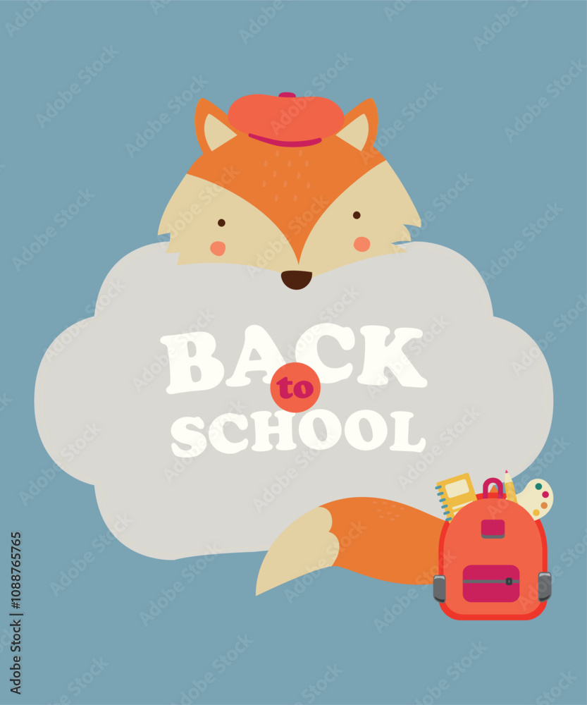 Flat Design Illustration with Fox at Banner Back To School Flat Design Illustration with Fox at Banner Back To School
