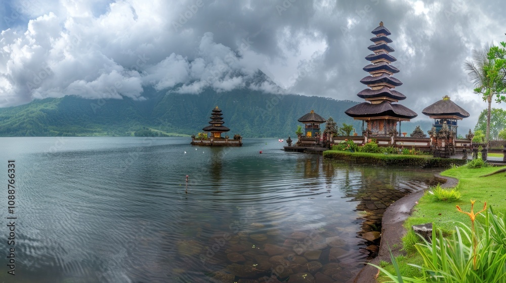 Obraz premium Ulun Danu Bratan Temple on a Cloudy Day in Bali