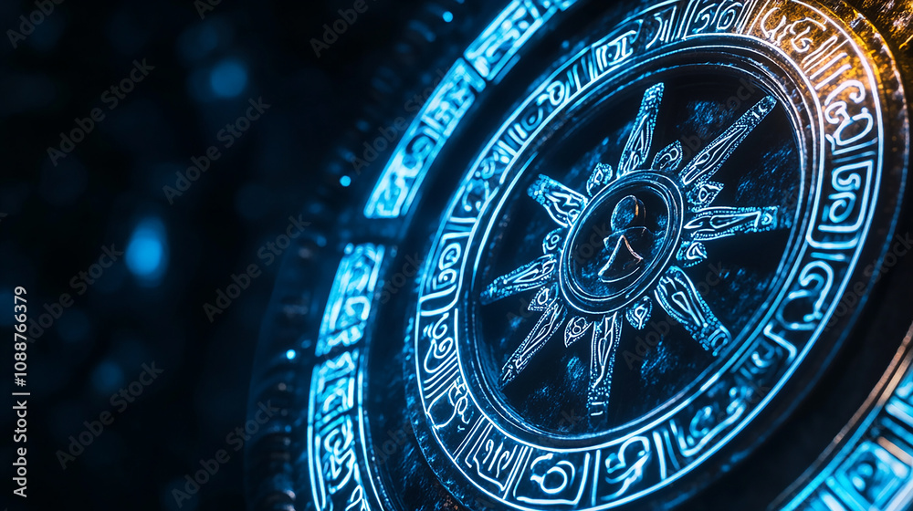 Fototapeta premium A close-up of a glowing circular symbol with intricate designs, representing the sun.