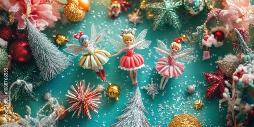 Top view of several sugarplum fairy figurines arranged on a table, surrounded by small holiday decorations like tinsel and glitter.