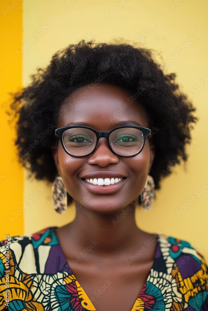 A woman with glasses and earrings is smiling at the camera. She is wearing a colorful dress and has a happy expression on her face A woman with glasses and earrings is smiling at the camera. She is wearing a colorful dress and has a happy expression on her face