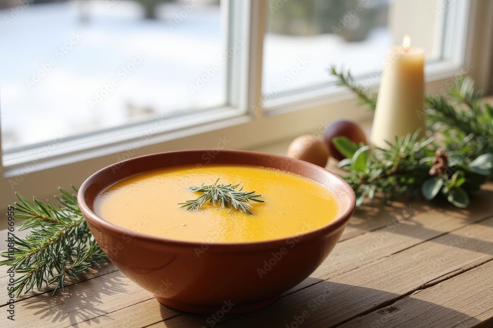 Warm winter soup garnished with fresh herbs in a cozy setting by the window, illuminated by soft candlelight