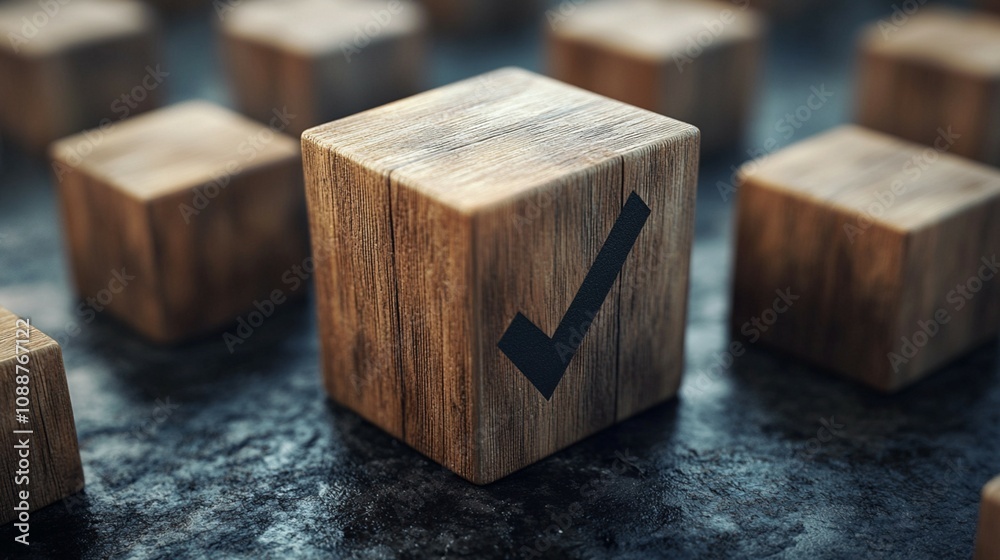 Wooden block featuring a check mark, symbolizing quality control and compliance in corporate assessments and certifications. Wooden block featuring a check mark, symbolizing quality control and compliance in corporate assessments and certifications.