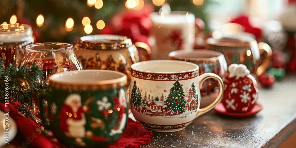Fototapeta premium Close-up of Christmas-themed drinkware, including mugs and glasses, adorned with festive designs, arranged on a holiday table.