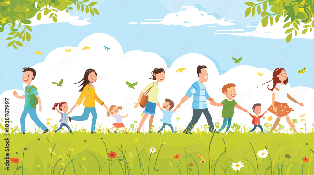 Fototapeta premium Happy Children and Parents Collage on Green Grass - Family Fun Outdoors