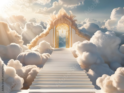 staircase and gate in heaven in the clouds, symbol of paradise 