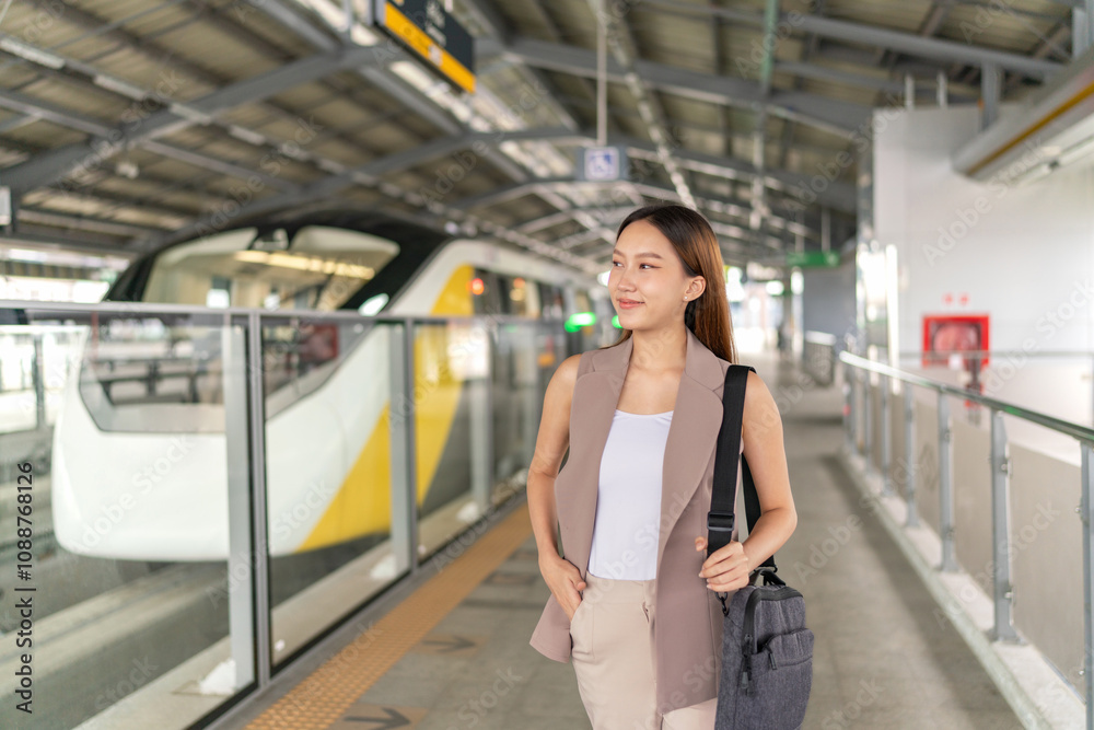 Fototapeta premium Portrait of a young asian woman with laptop bag in front a public skytrain in a subway terminal