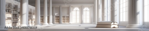 A bright, spacious library with tall columns, large windows, and stacks of books.