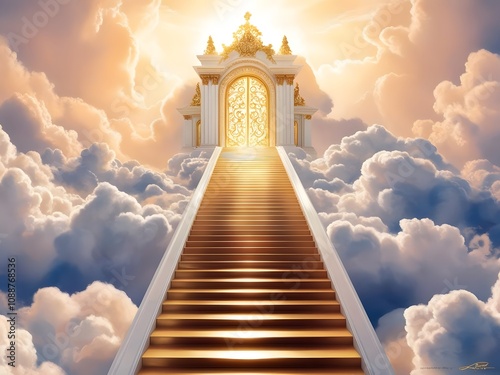 staircase and gate in heaven in the clouds, symbol of paradise 