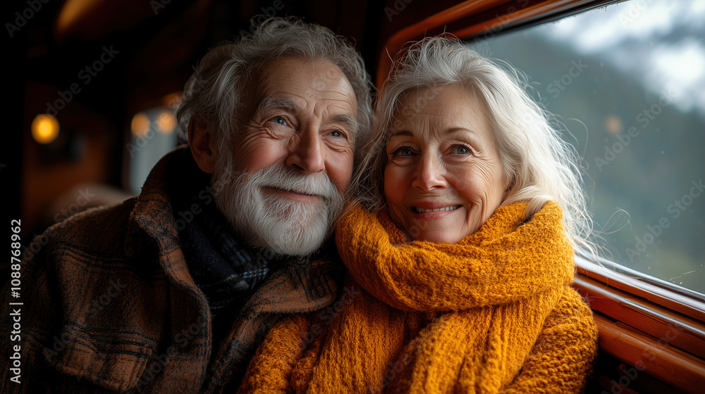 Couple enjoying a cozy moment together on a scenic train journey through nature in the afternoon. Generative AI Couple enjoying a cozy moment together on a scenic train journey through nature in the afternoon. Generative AI