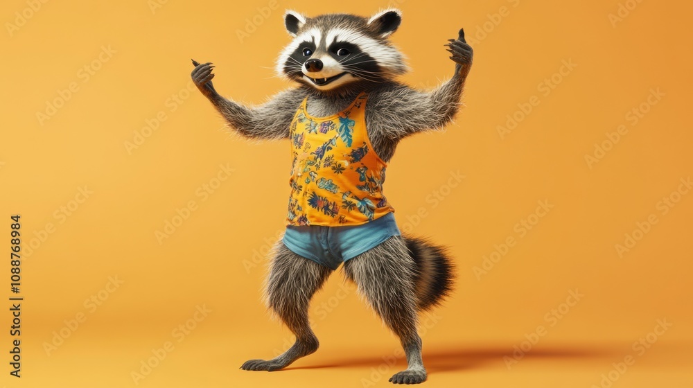 A cheerful raccoon character in a vibrant outfit, posing playfully against a bright background. A cheerful raccoon character in a vibrant outfit, posing playfully against a bright background.