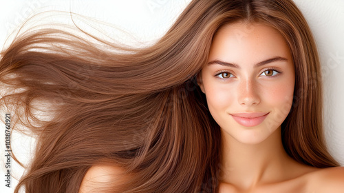 Brunette teen girl with long hair smiles confidently in a close-up portrait