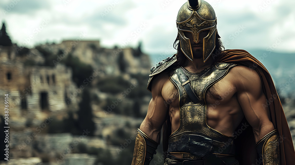 A Powerful Spartan Warrior Stands, Clad in Ornate Bronze Armor, Against Ancient Ruins, a Dramatic Backdrop. A Powerful Spartan Warrior Stands, Clad in Ornate Bronze Armor, Against Ancient Ruins, a Dramatic Backdrop.