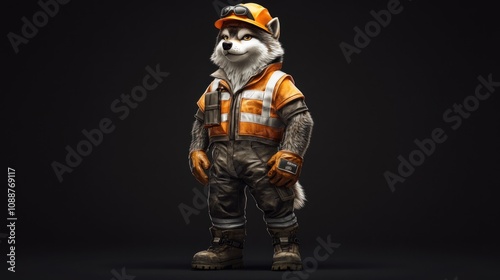 A cartoon raccoon dressed as a construction worker, showcasing safety gear and a confident stance.