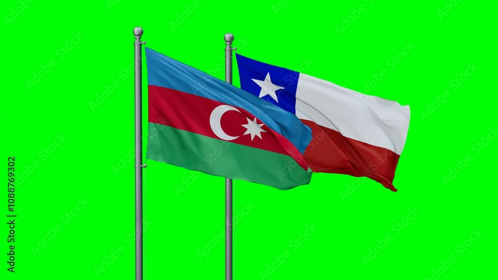 Chile and Azerbaijan flags flying together, video concept of the relationship with colored chroma key for easy background remove Chile and Azerbaijan flags flying together, video concept of the relationship with colored chroma key for easy background remove