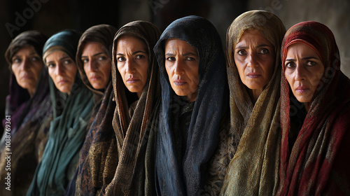 Group of solemn women in traditional shawls and intense gaze. photo