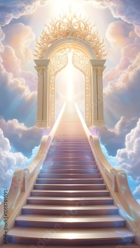 staircase and gate in heaven in the clouds, symbol of paradise 