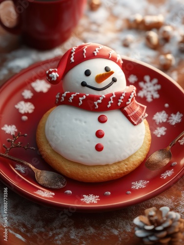 A snowman biscuit on a red plate with a mug of coffee on holiday