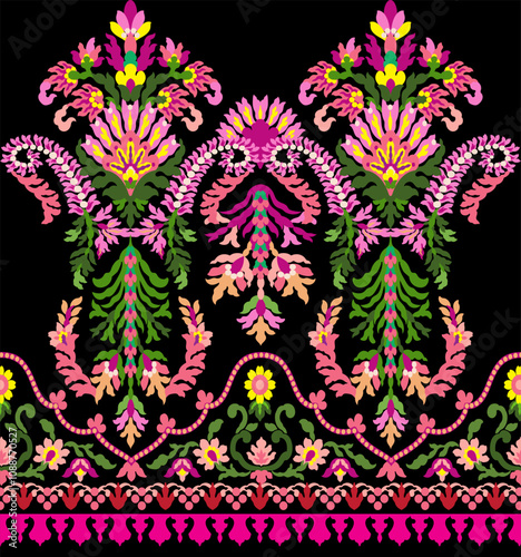 Floral Textile border seamless pattern.Traditional Kashmiri Shawl design.Design with flower,leaf on black backgroud.Classic style.Design for adding to textile,embroidery,decorative,fashion industry.