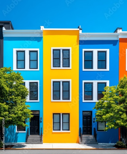 Colorful Apartment Building with Trees and Blue Sky Background