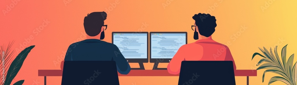 Two individuals working together at computers, focused on coding or collaboration, with a vibrant gradient background. Two individuals working together at computers, focused on coding or collaboration, with a vibrant gradient background.