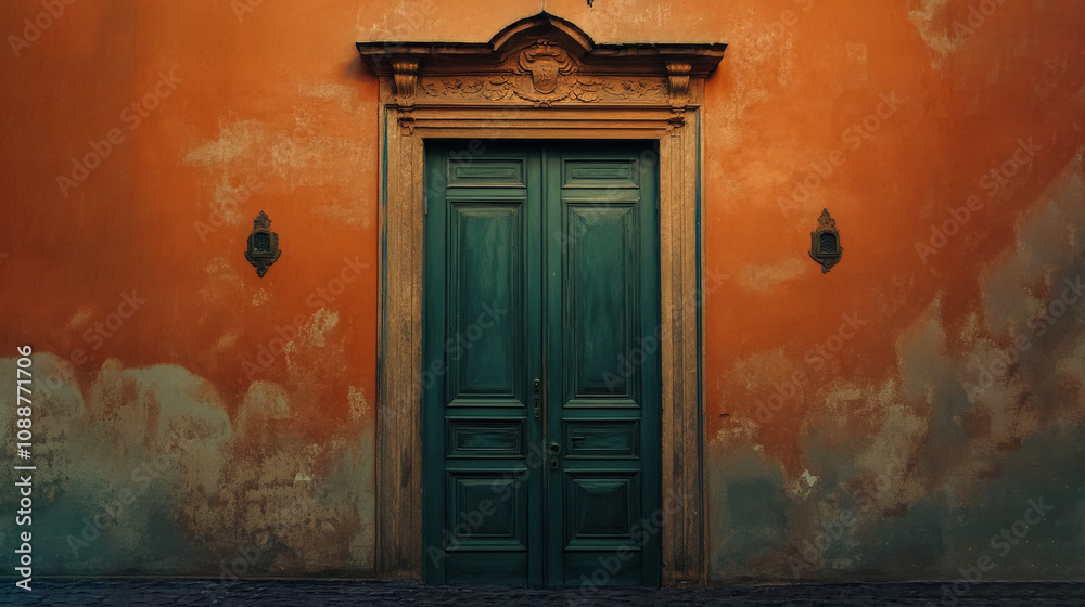 Fototapeta premium A centered shot of an antique door painted in deep green
