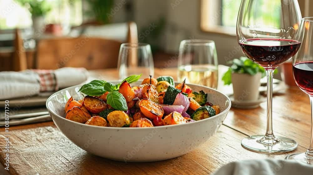 Roasted vegetables with wine glasses on dining table, enjoying a healthy and delicious meal Roasted vegetables with wine glasses on dining table, enjoying a healthy and delicious meal