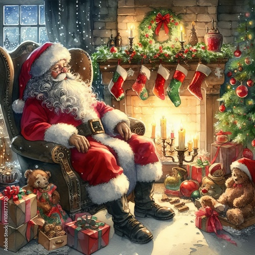 Santa Claus in his Chair - Saint Nicholas in his Christmas Home - Watercolor Winter and Christmas Setting - Greeting Card - Traditional Dickens Style Nostalgic Victorian Painted Illustration