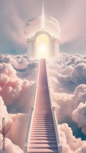staircase and gate in heaven in the clouds, symbol of paradise 