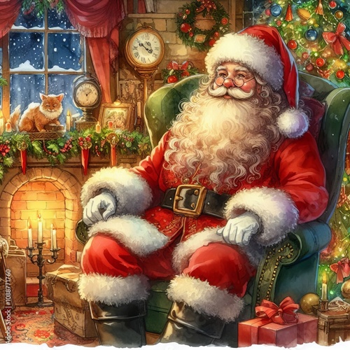 Santa Claus in his Chair - Saint Nicholas in his Christmas Home - Watercolor Winter and Christmas Setting - Greeting Card - Traditional Dickens Style Nostalgic Victorian Painted Illustration
