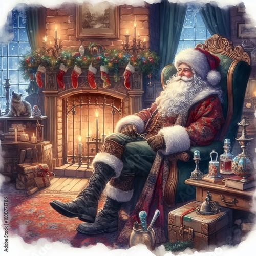 Santa Claus in his Chair - Saint Nicholas in his Christmas Home - Watercolor Winter and Christmas Setting - Greeting Card - Traditional Dickens Style Nostalgic Victorian Painted Illustration