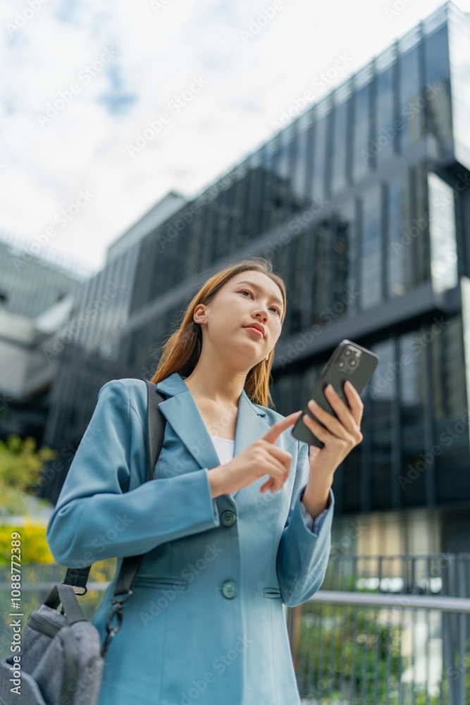 Asian Businesswoman Carrying Laptop Bag Using Phone In Front Of A Modern Office Building Asian Businesswoman Carrying Laptop Bag Using Phone In Front Of A Modern Office Building