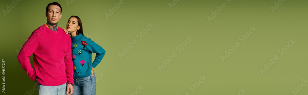 Fototapeta premium A stylish young couple showcases trendy sweaters while posing in front of a green backdrop.